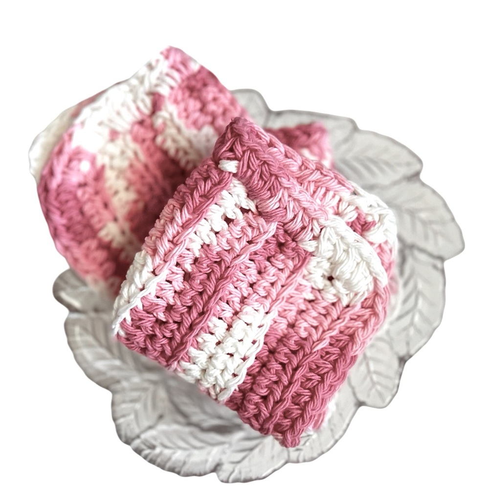 Hand Crafted Pink Wash or Dish Cloths Two Crochet All Purpose Cotton Reusable